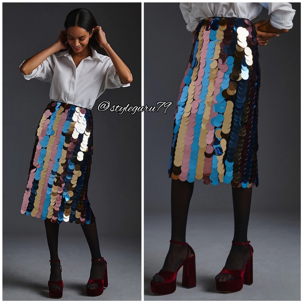 NWT, Anthropologie, MAEVE SIDE-SLIT SEQUIN Midi Skirt In Multicolor, XS